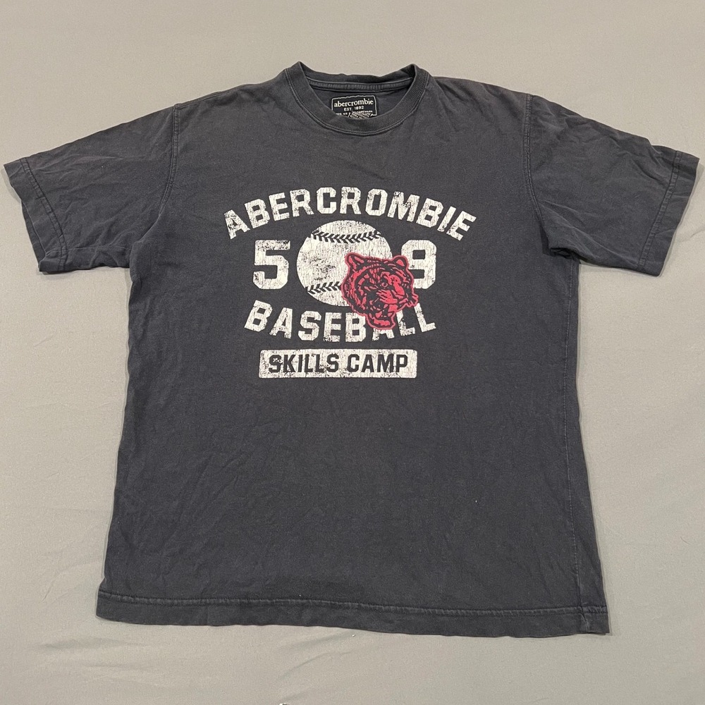 Abercrombie Baseball Skills Camp Graphic Tee Vintage Black Distressed Tiger L